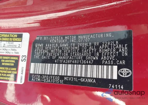 2008 Toyota Camry Solara Se z USA, uszkodzony, nr VIN 4T1FA38P48U136447